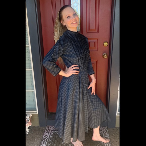 1950s L’AIGLON Dress Blue Mid Century Classic Dress Cotton Fit and Flare Large - Picture 7 of 9